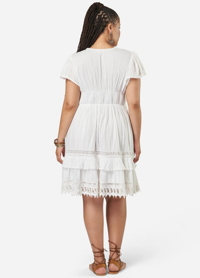Plus sized model wearing white boho mini dress