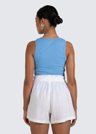 Sammy white linen shorts with elasticated waist and pockets