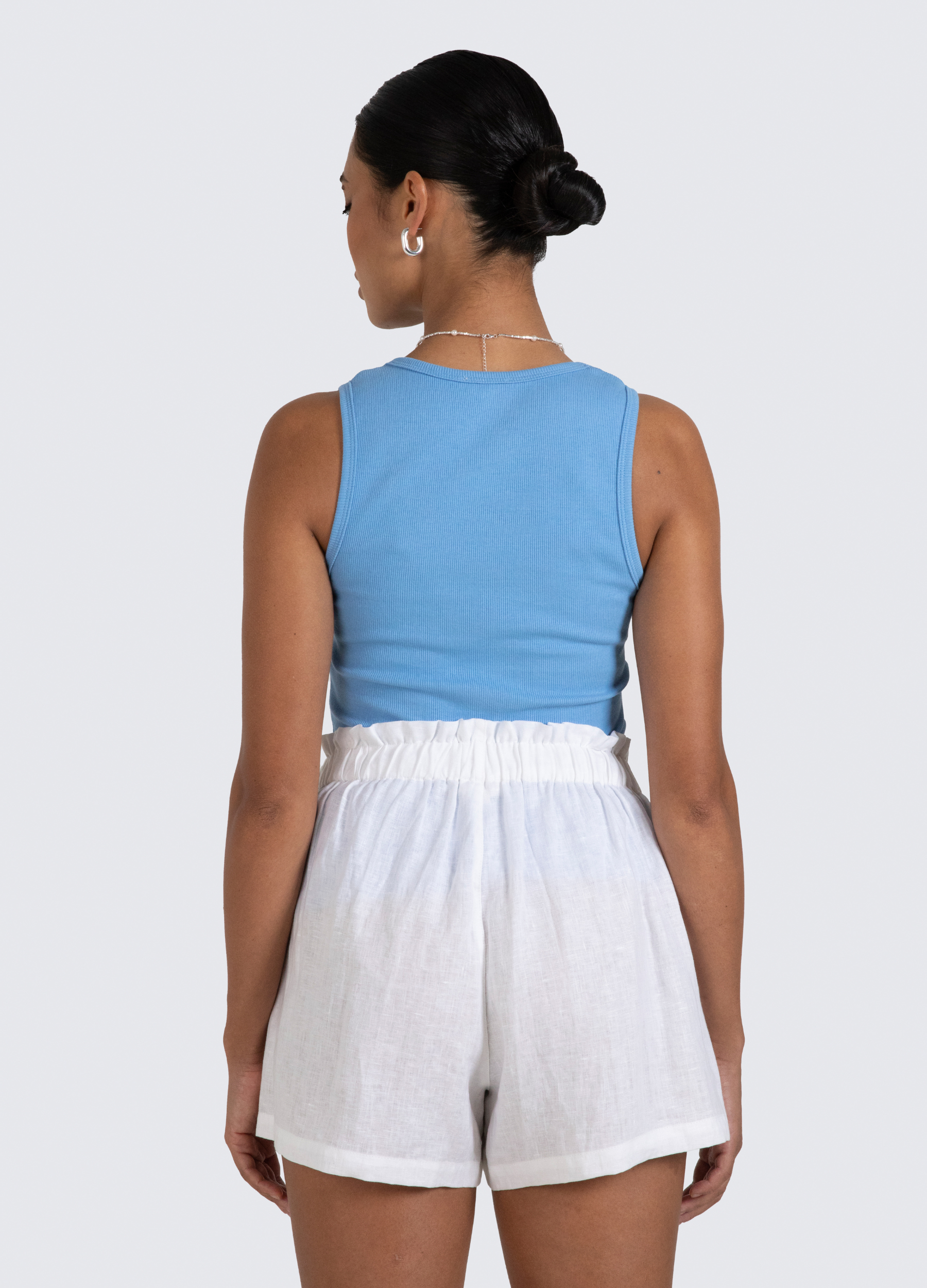 Sammy white linen shorts with elasticated waist and pockets
