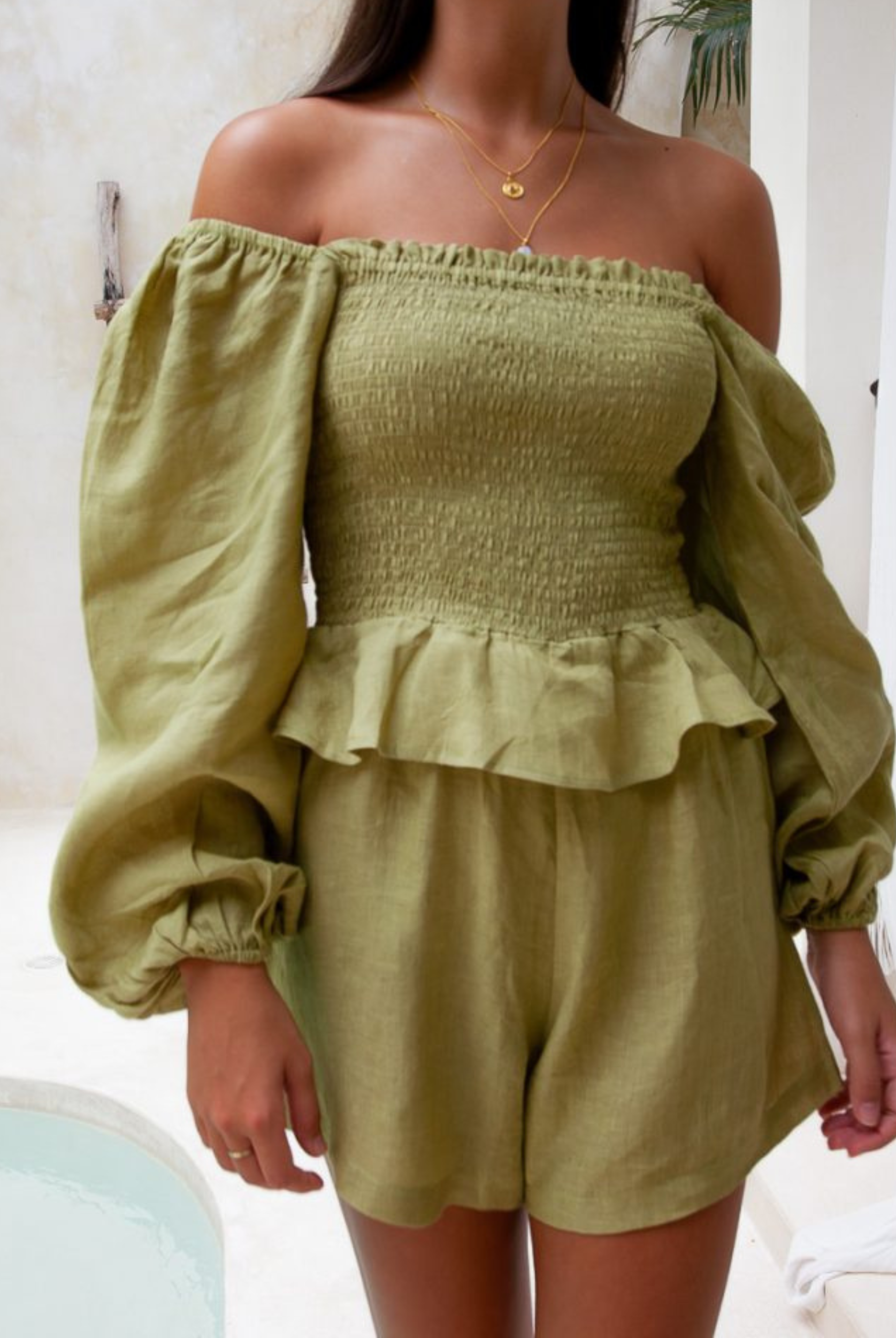Moss green sustainable linen playsuit from Palm Collective
