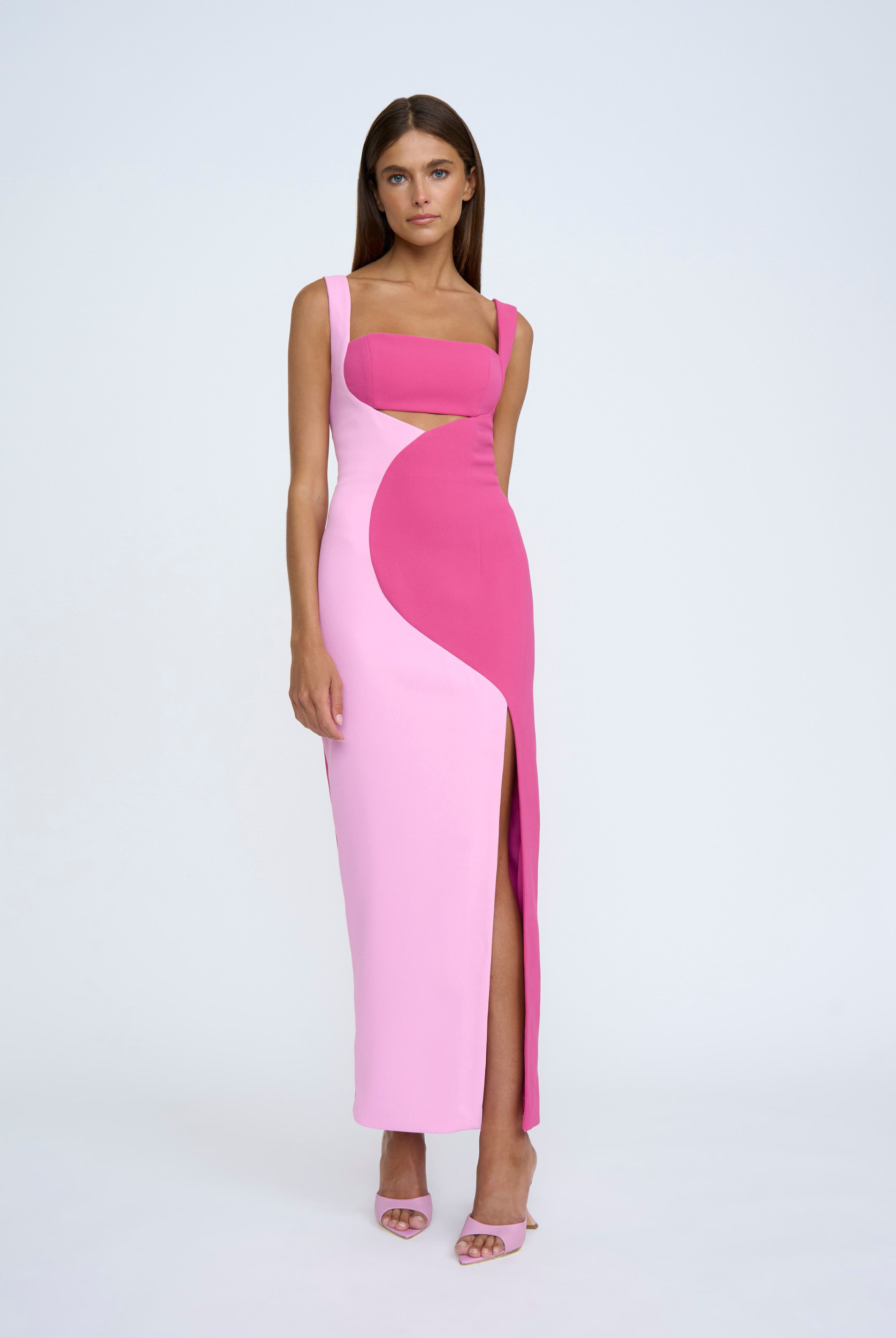 Model wearing the Caterina Two tone pink and dark pinkMidi Dress from Australian Designer Brand By Johnny 