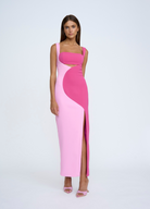 Model wearing the Caterina Two tone pink and dark pinkMidi Dress from Australian Designer Brand By Johnny 