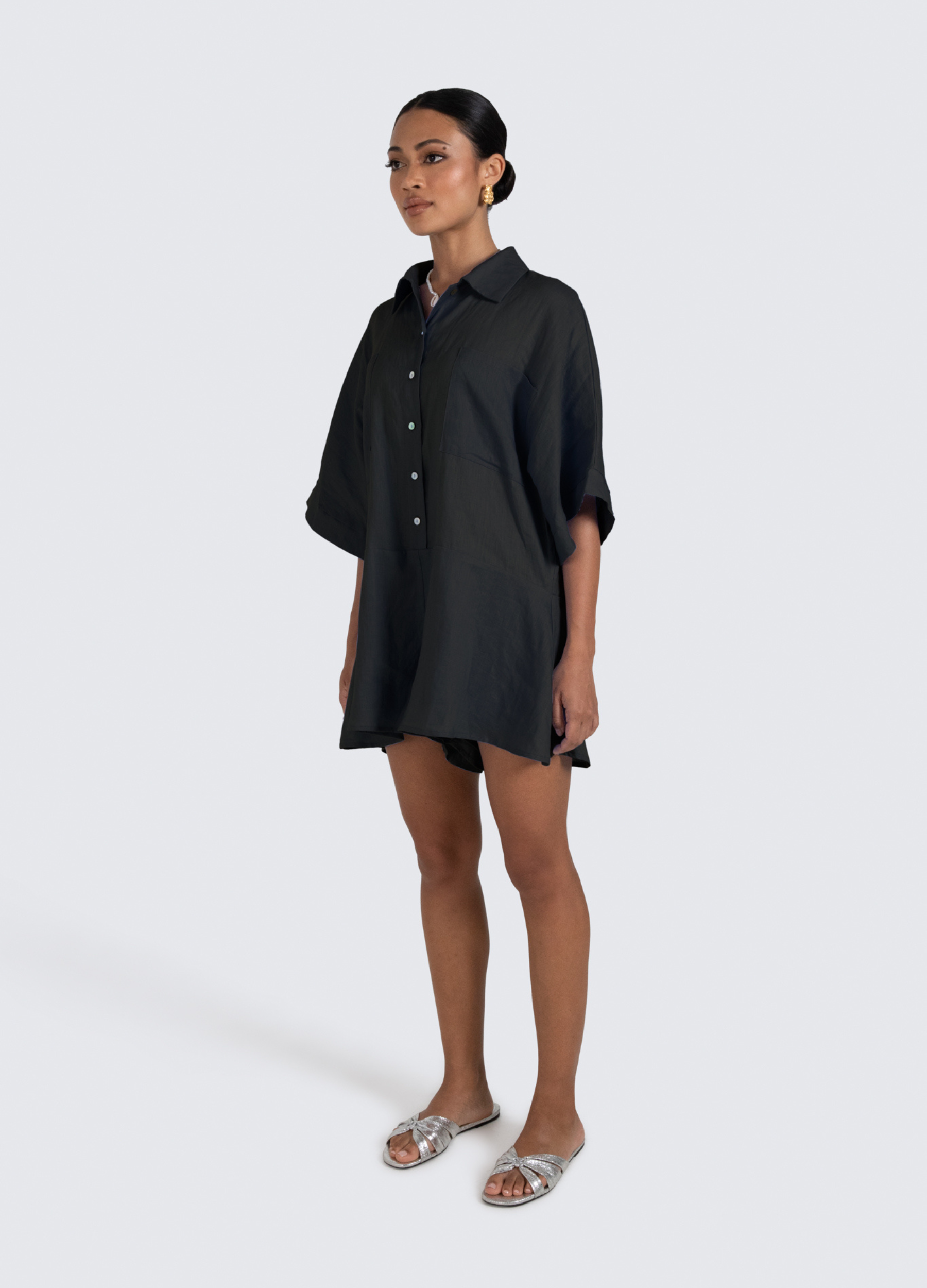 ESTL Black relaxed fit playsuit with shell buttons and a half sleeve