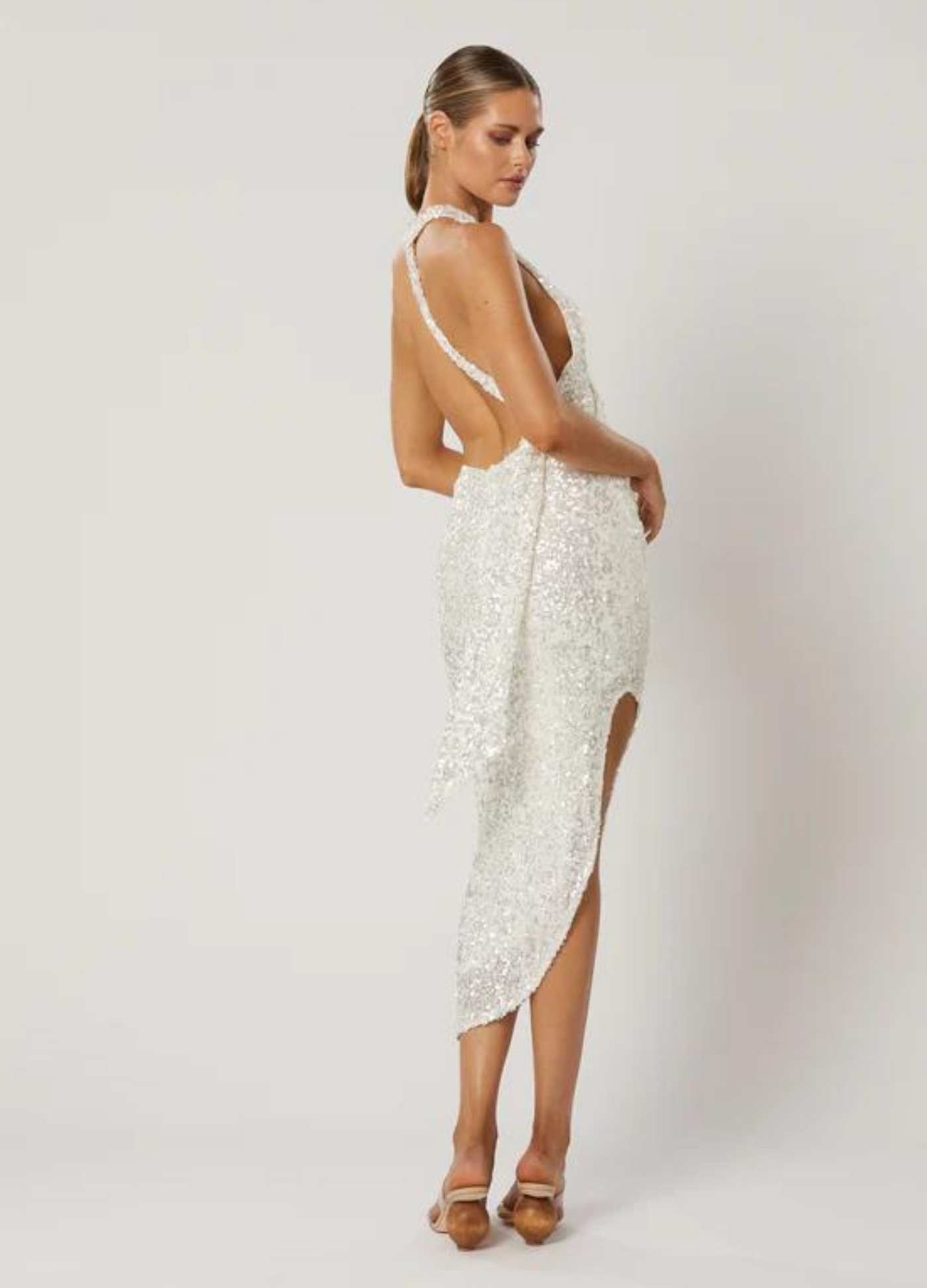 Winona - Halterneck Asta Asymmetrical Midi Dress - White