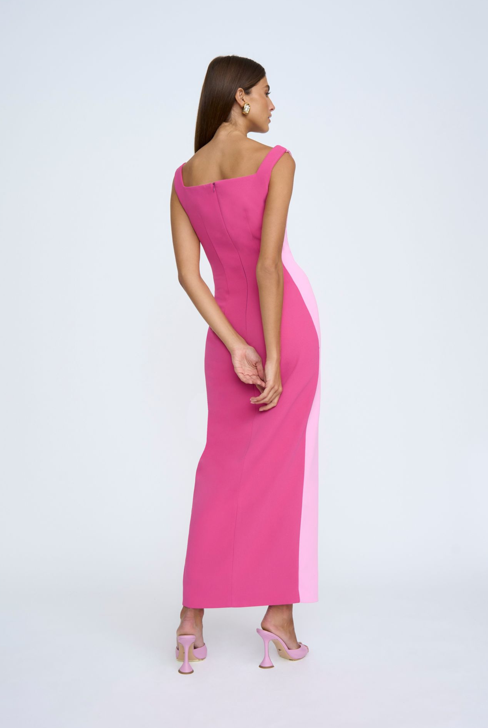 Model wearing the Caterina Two tone pink and dark pinkMidi Dress from Australian Designer Brand By Johnny 