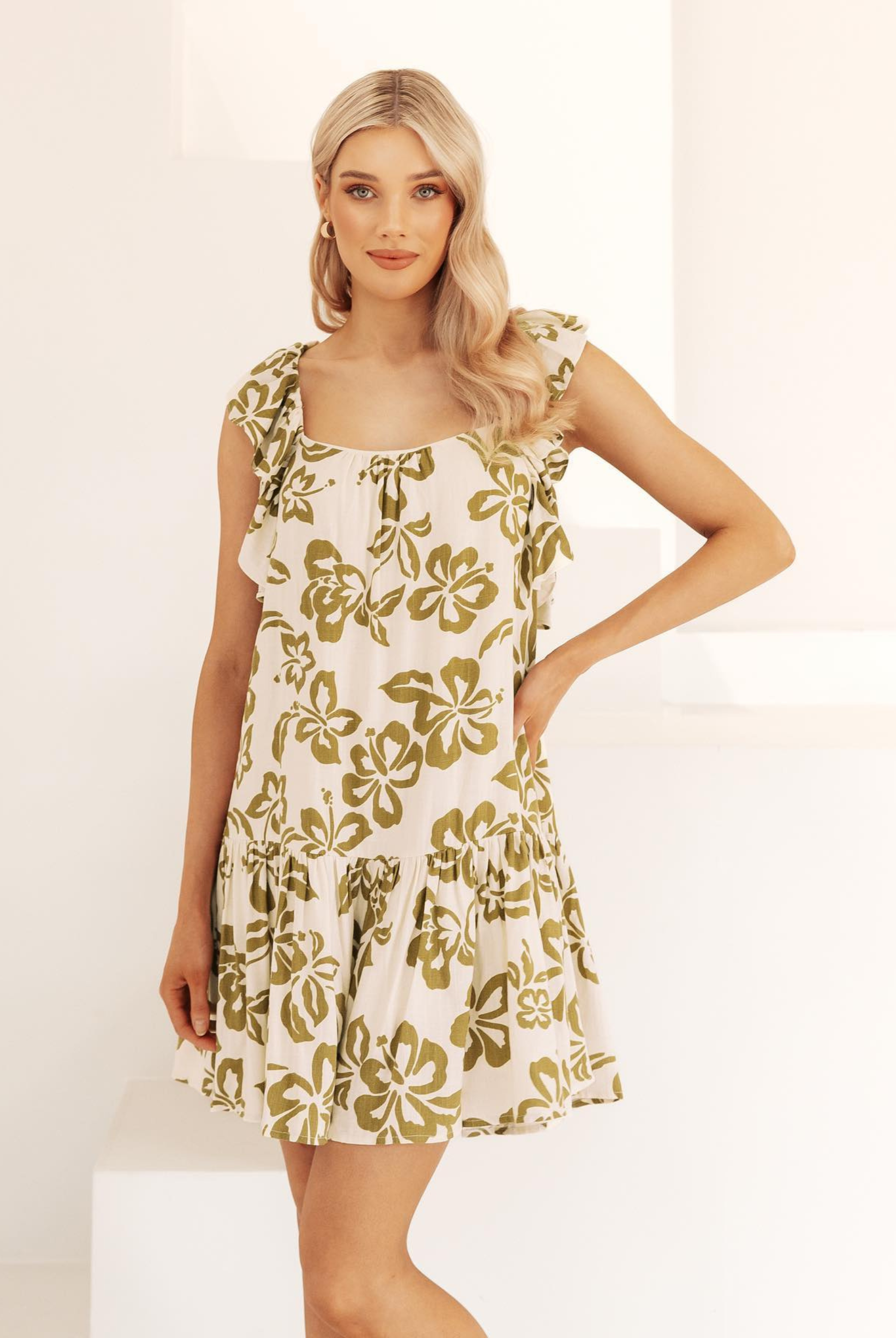 Tropical floral mini dress with ruffle detail shoulders