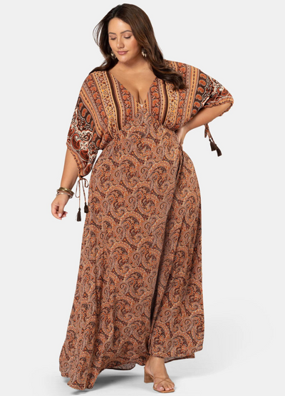 Plus Model wearing the Lovespice paisley printed kimono sleeve maxi dress 
