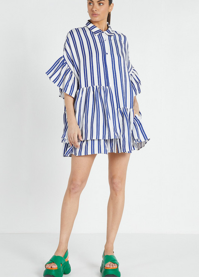 The famous bohemian traders genoa mini dress with ruffle details and mid sleeve in linen blue and white stripe