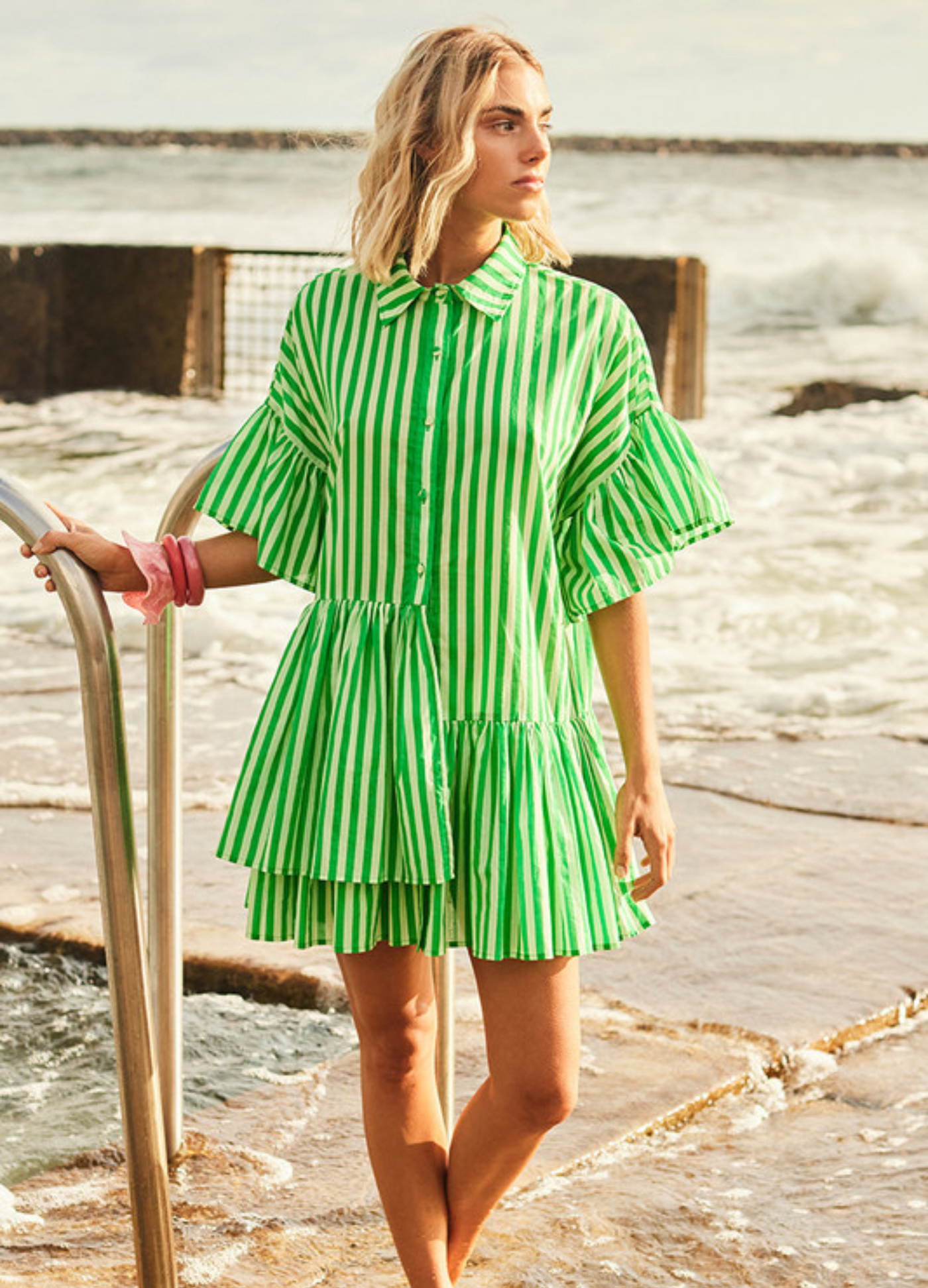 Bohemian Traders - Mid Sleeve Genoa Mini Dress - Tonal Green Stripe