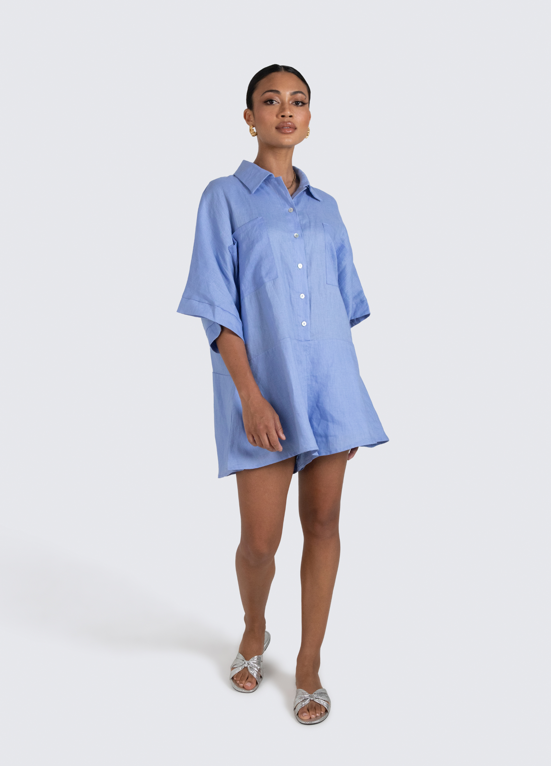 Pixie Linen Playsuit with shell buttons 