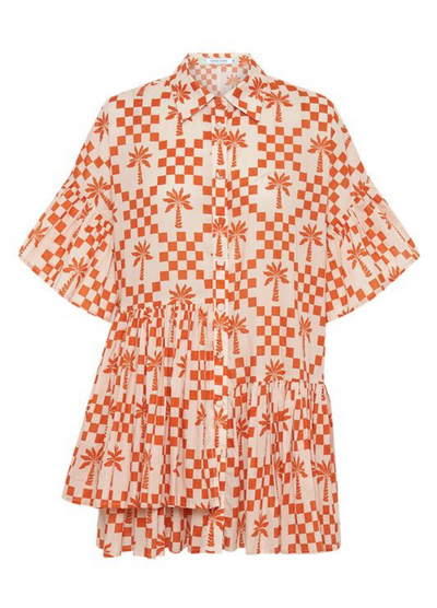 Model wearing the Bohemian Traders Genoa Dress in Palm Check Print