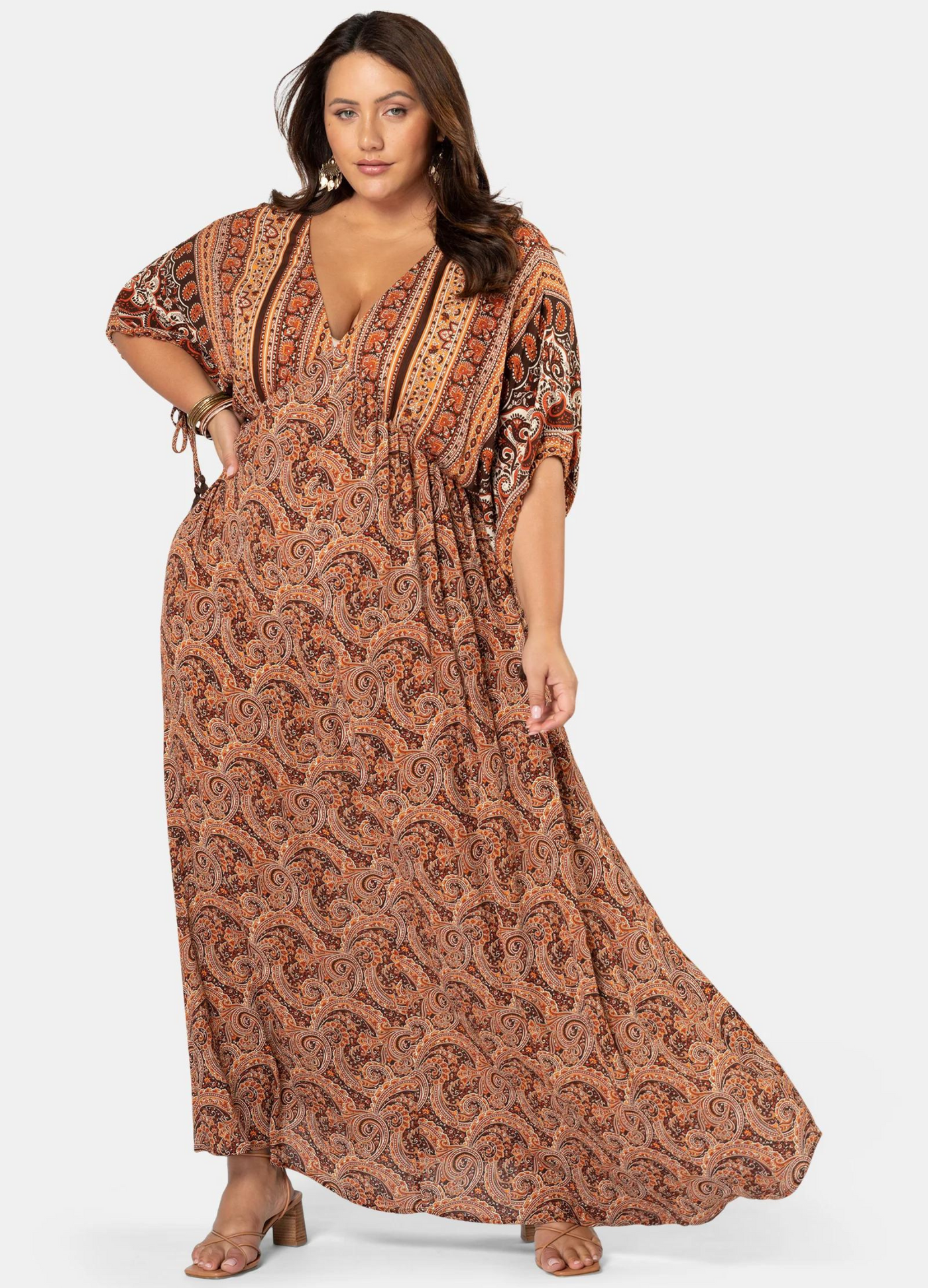Plus Model wearing the Lovespice paisley printed kimono sleeve maxi dress 