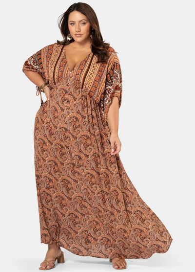 Plus Model wearing the Lovespice paisley printed kimono sleeve maxi dress 