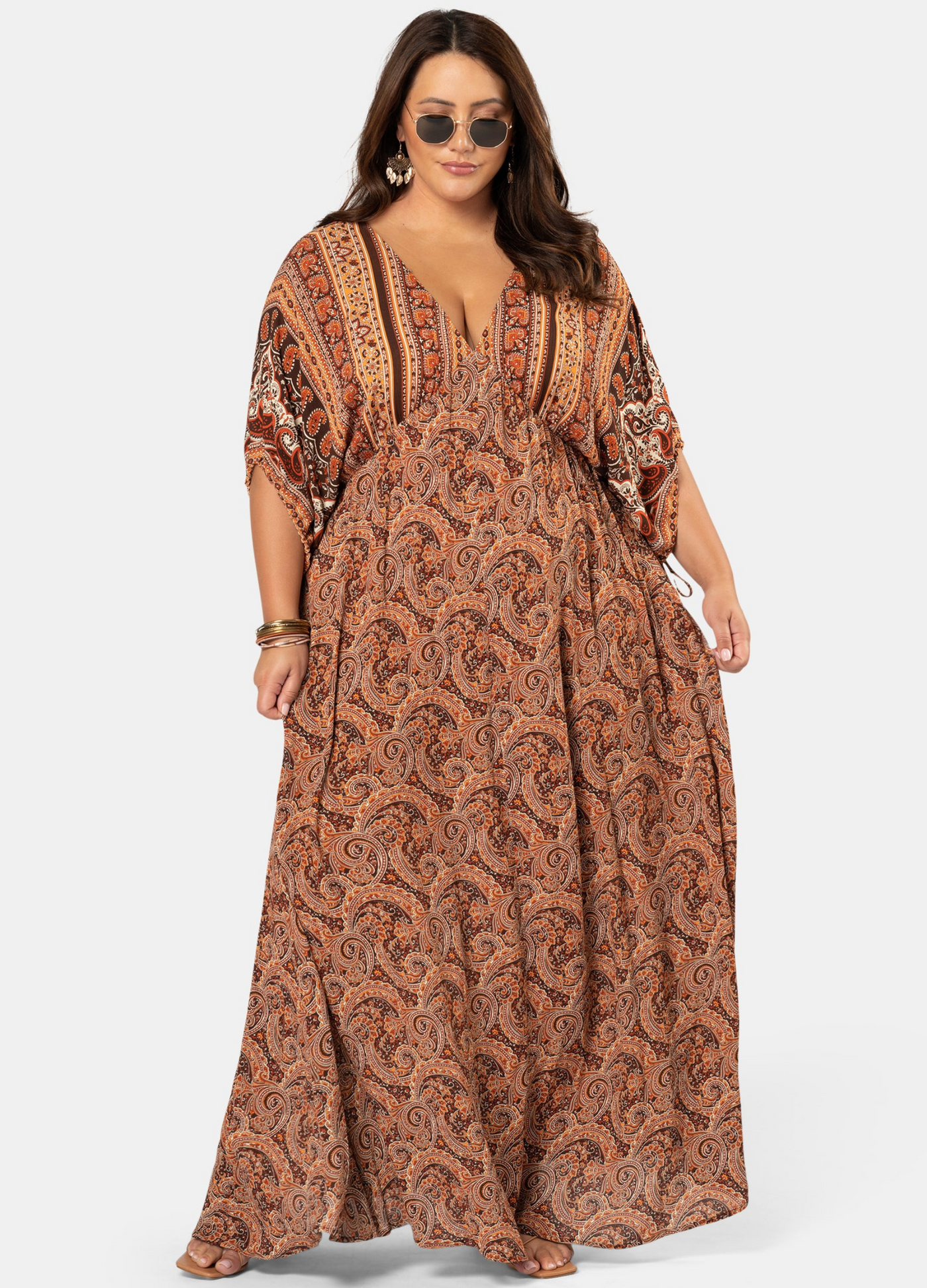 Plus Model wearing the Lovespice paisley printed kimono sleeve maxi dress 