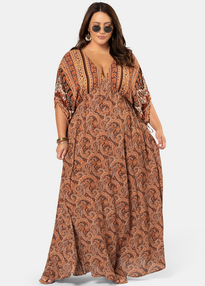 Plus Model wearing the Lovespice paisley printed kimono sleeve maxi dress 