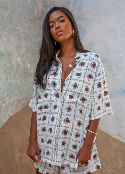 Model wearing the Tuscan Blouse from Palm Collective