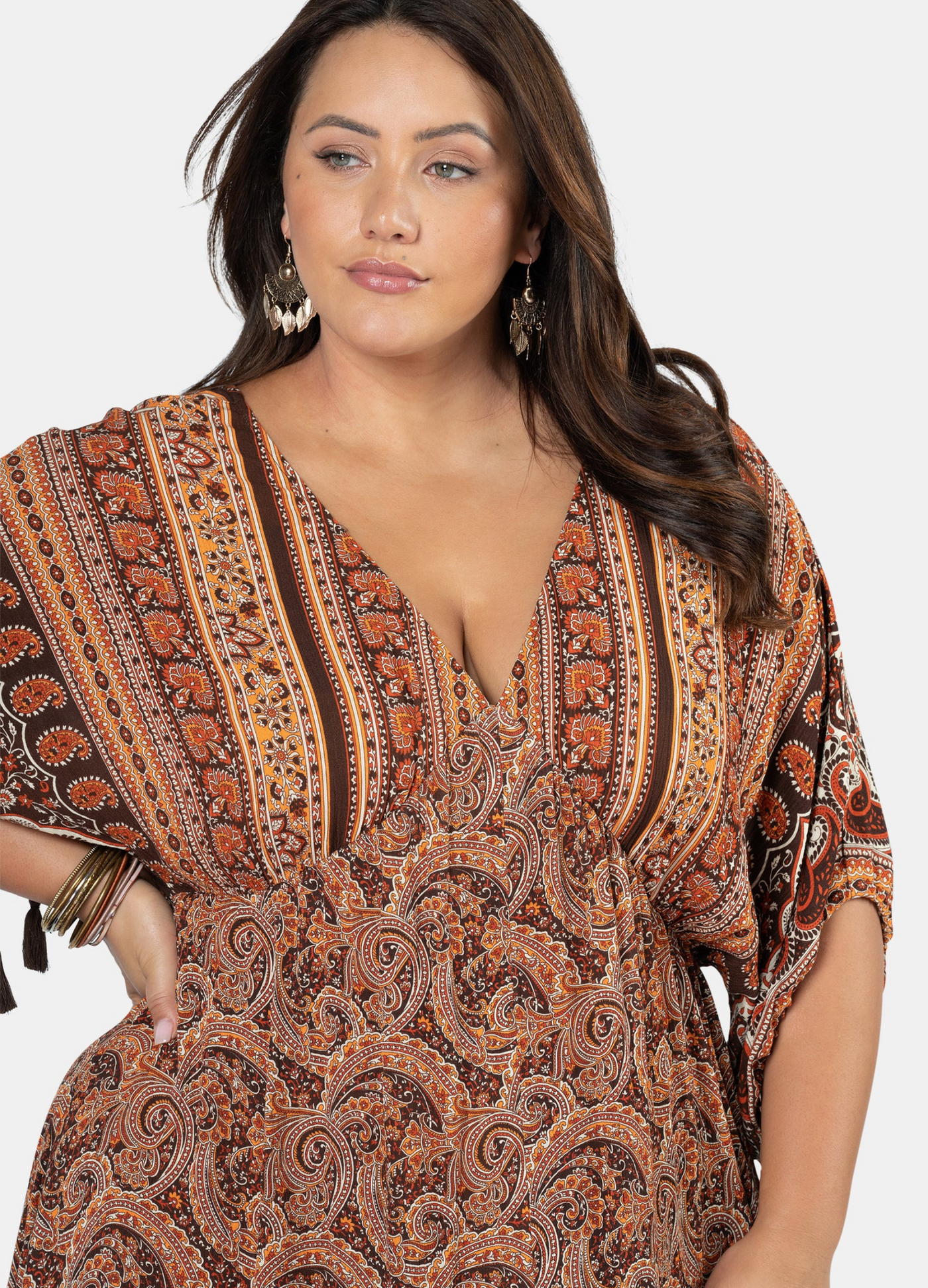 Plus Model wearing the Lovespice paisley printed kimono sleeve maxi dress 