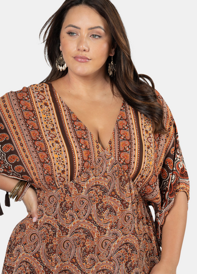 Plus Model wearing the Lovespice paisley printed kimono sleeve maxi dress 