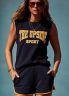 The Upside Ivy Leage Tank in navy with yellow and white logo design