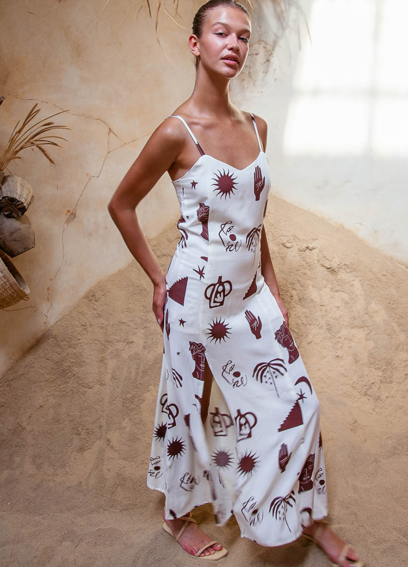 Palm Collective Arabesque Slip Dress with adjustable straps in brown and cream print