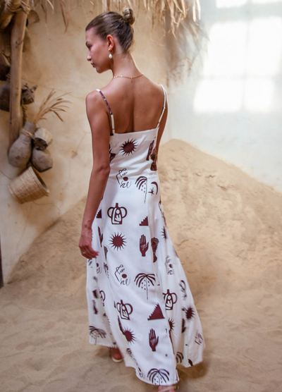 Palm Collective Arabesque Slip Dress with adjustable straps in brown and cream print