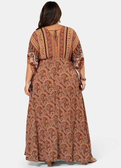 Plus Model wearing the Lovespice paisley printed kimono sleeve maxi dress 