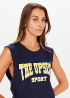 The Upside Ivy Leage Tank in navy with yellow and white logo design