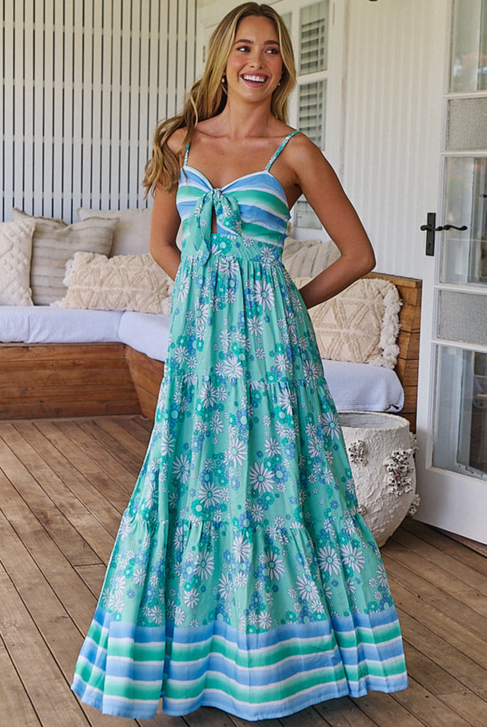 Strappy green floral print maxi dress with tie up at bust