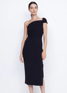 Black bonded crepe midi dress with twisted front and side tuck detailing