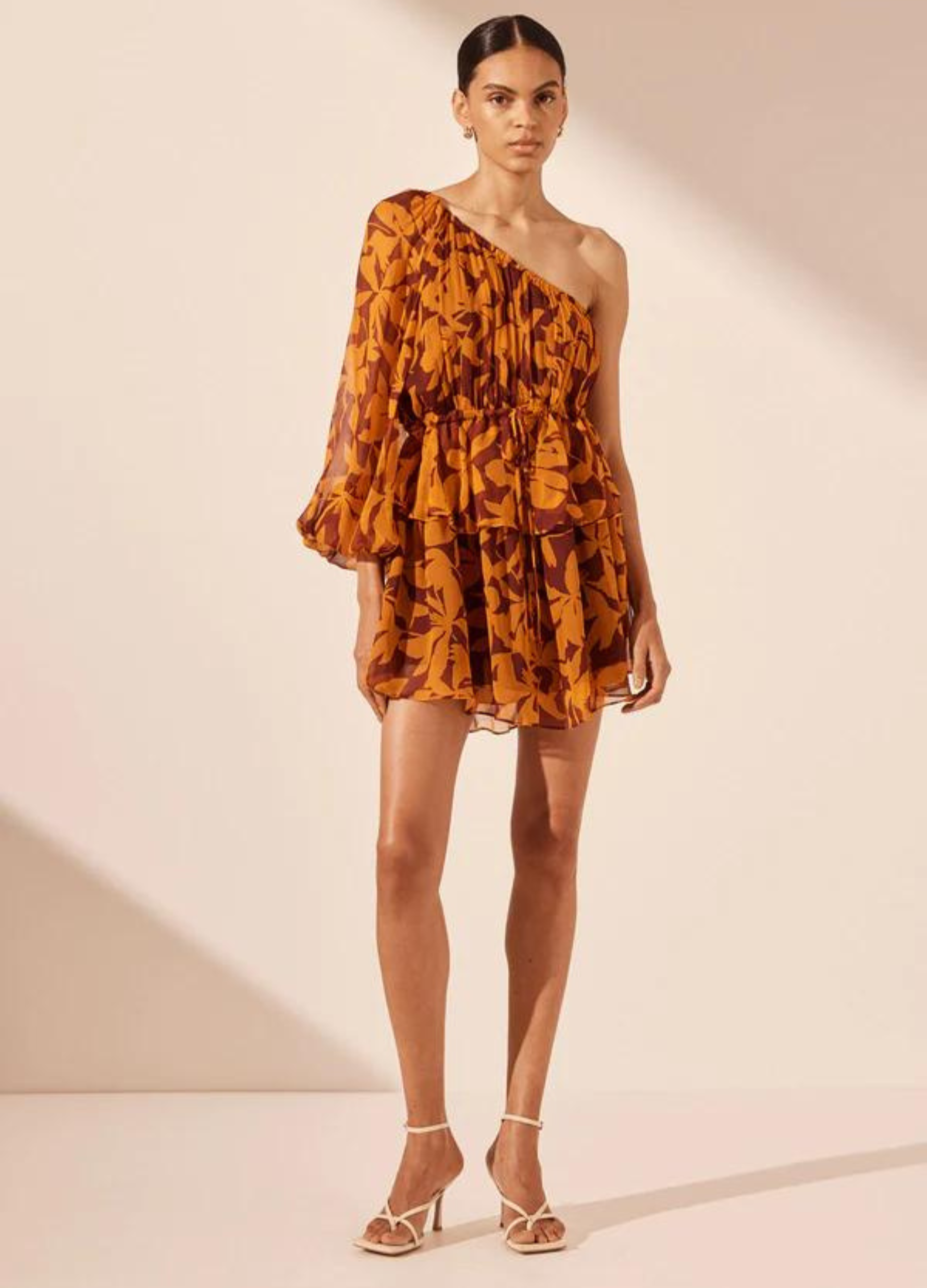 One shoulder ruffle dress in floral print from Shona Joy