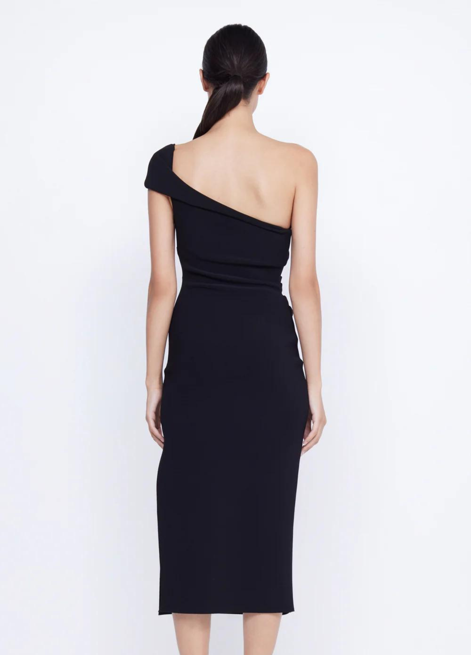 Black bonded crepe midi dress with twisted front and side tuck detailing