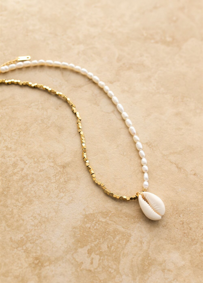 The Moana necklace from Indigo & Wolfe, shell, gold and freshwater pearls