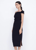 Black bonded crepe midi dress with twisted front and side tuck detailing