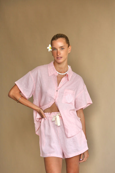 LINEN SET IN DUSTY ROSE WITH SHORT SLEEVE