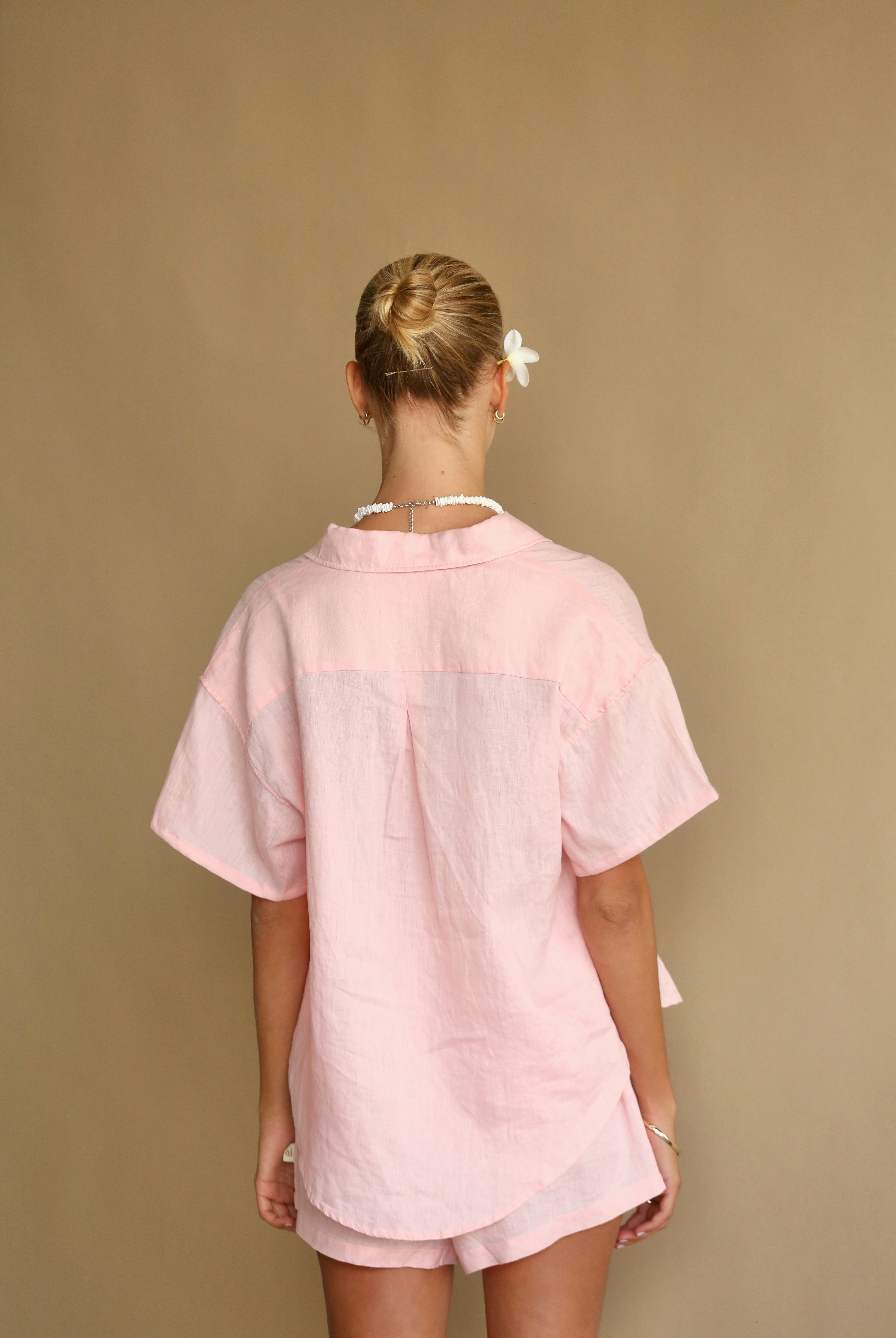 LINEN SET IN DUSTY ROSE WITH SHORT SLEEVE