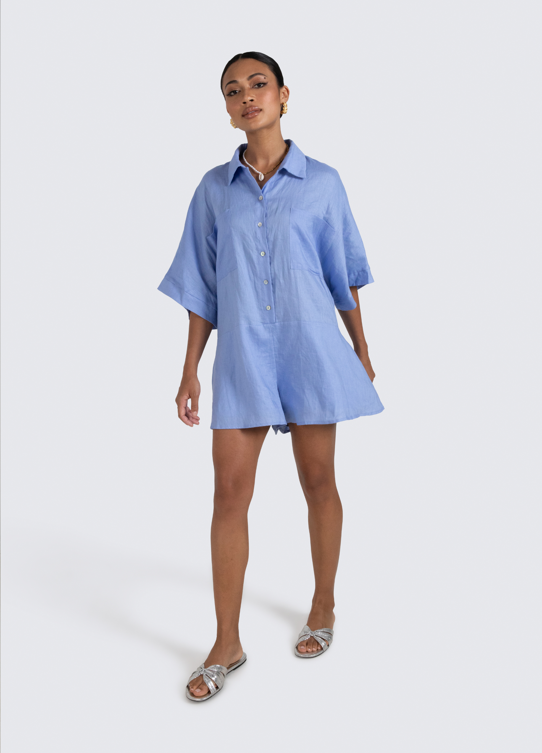 Pixie Linen Playsuit with shell buttons 