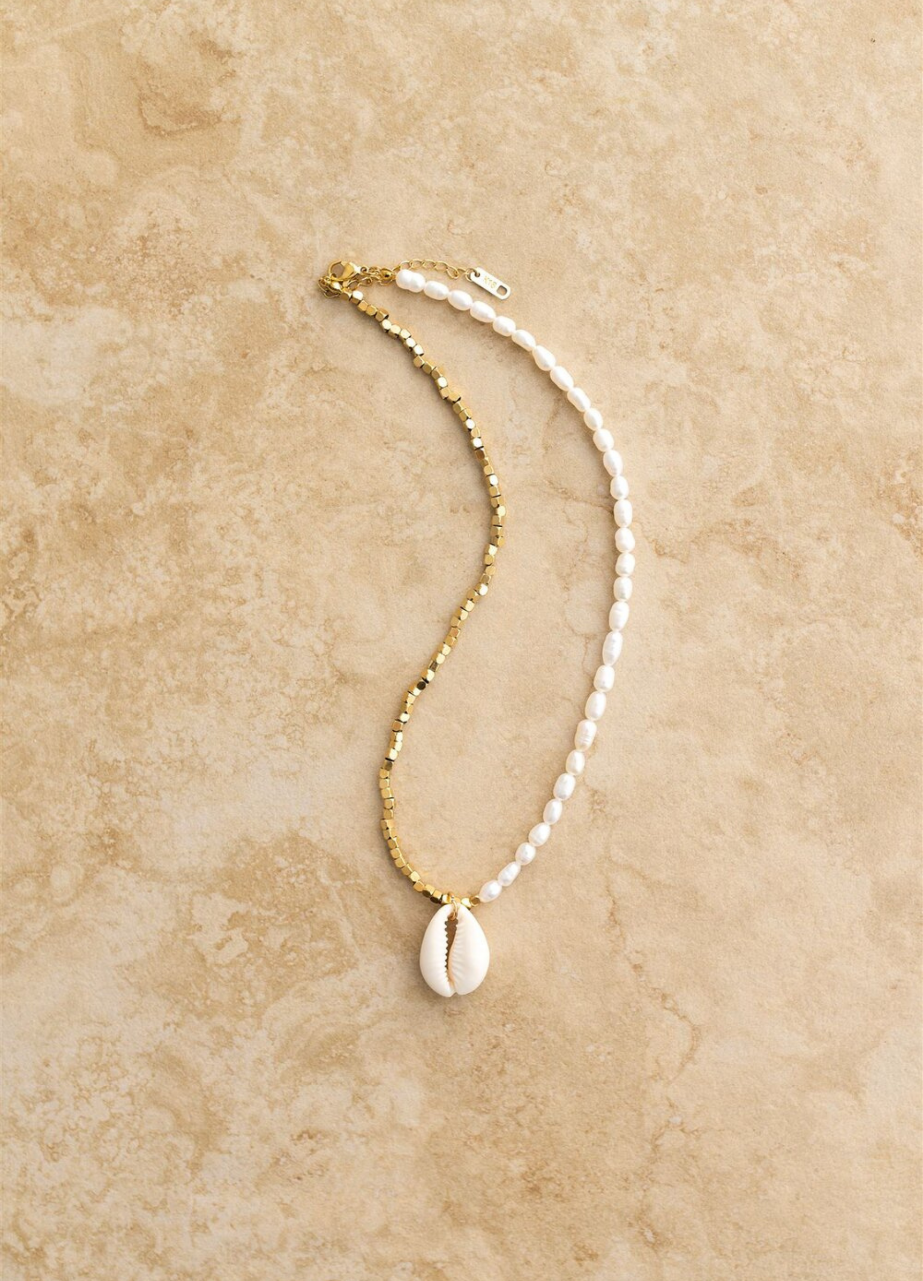 The Moana necklace from Indigo & Wolfe, shell, gold and freshwater pearls