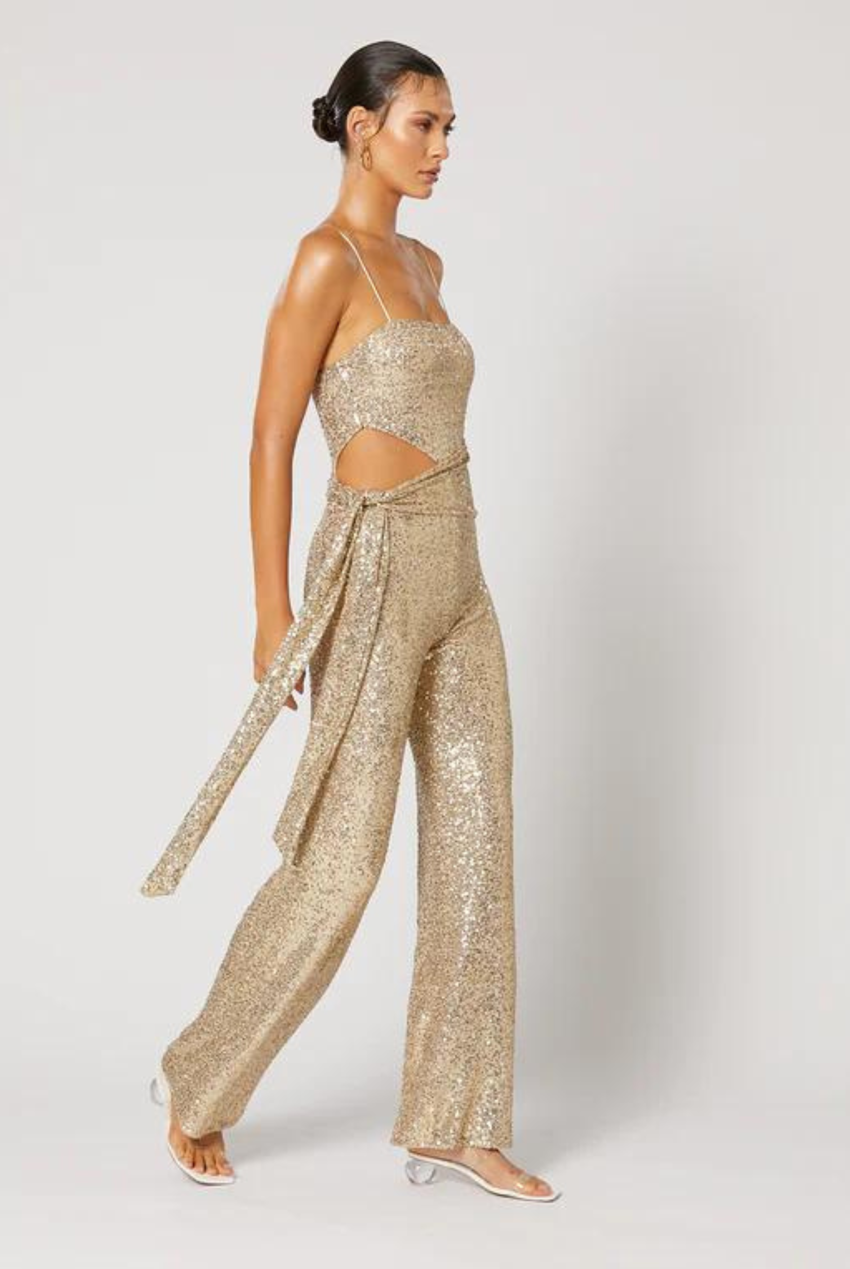 Strappy Sequin Gold Jumpsuit with cut out and sash tie perfect for your next event