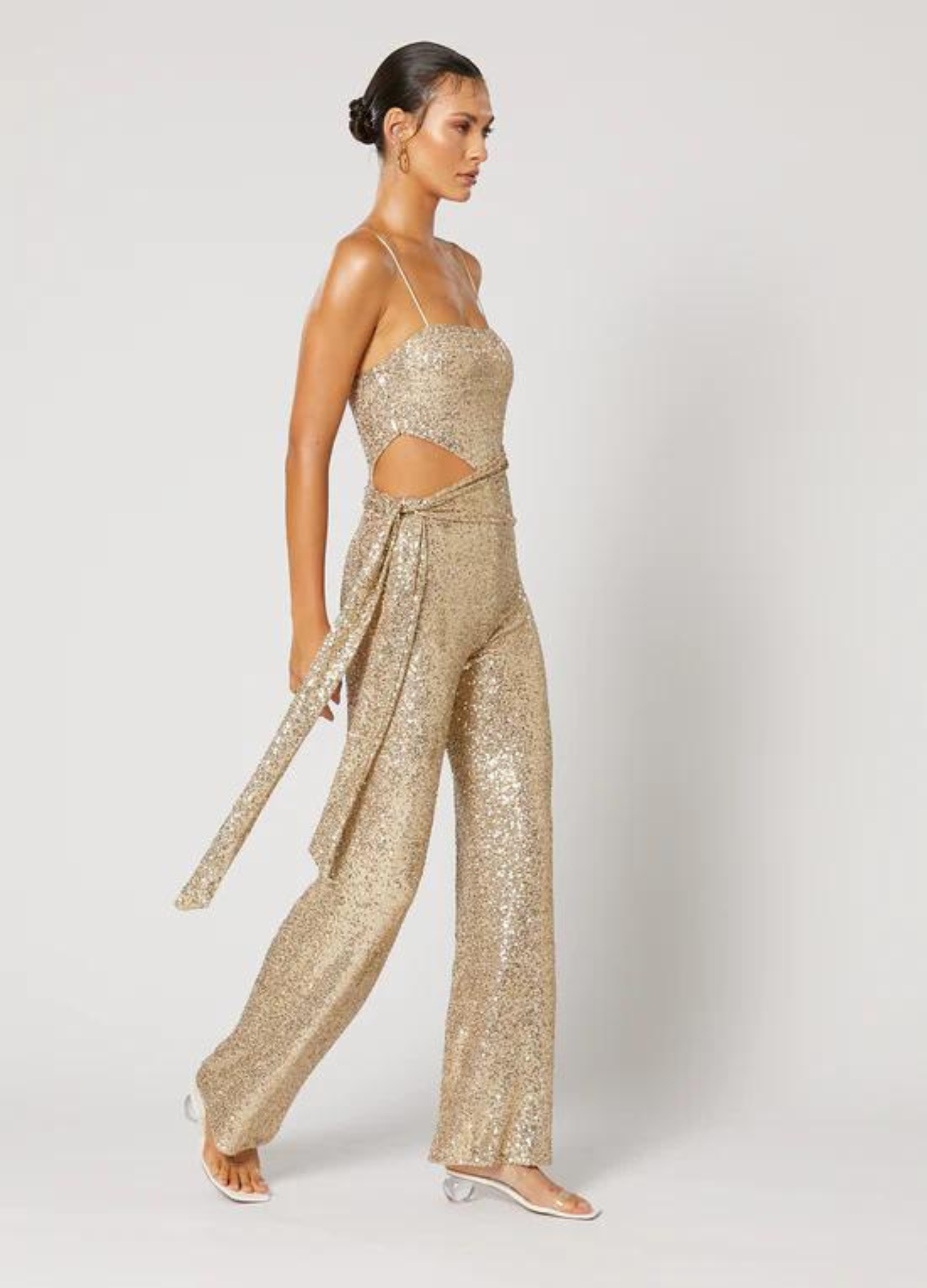 Strappy Sequin Gold Jumpsuit with cut out and sash tie perfect for your next event