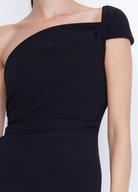 Black bonded crepe midi dress with twisted front and side tuck detailing