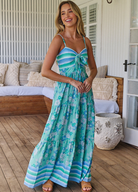 Strappy green floral print maxi dress with tie up at bust