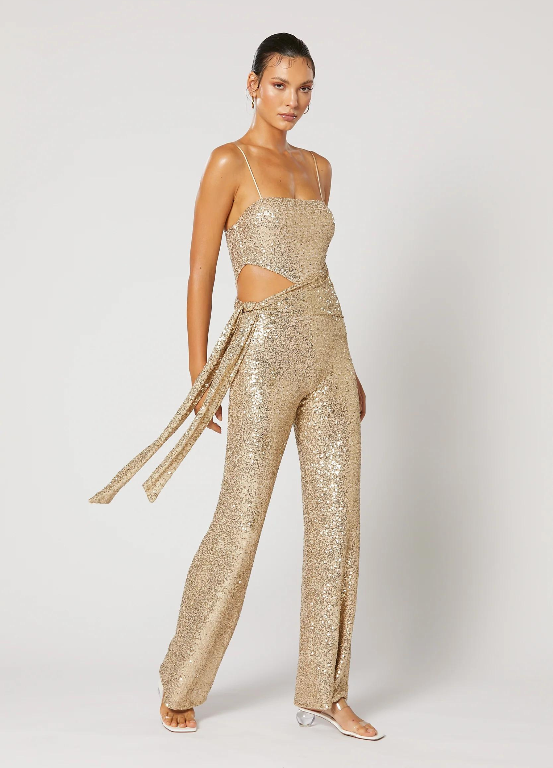 Strappy Sequin Gold Jumpsuit with cut out and sash tie perfect for your next event
