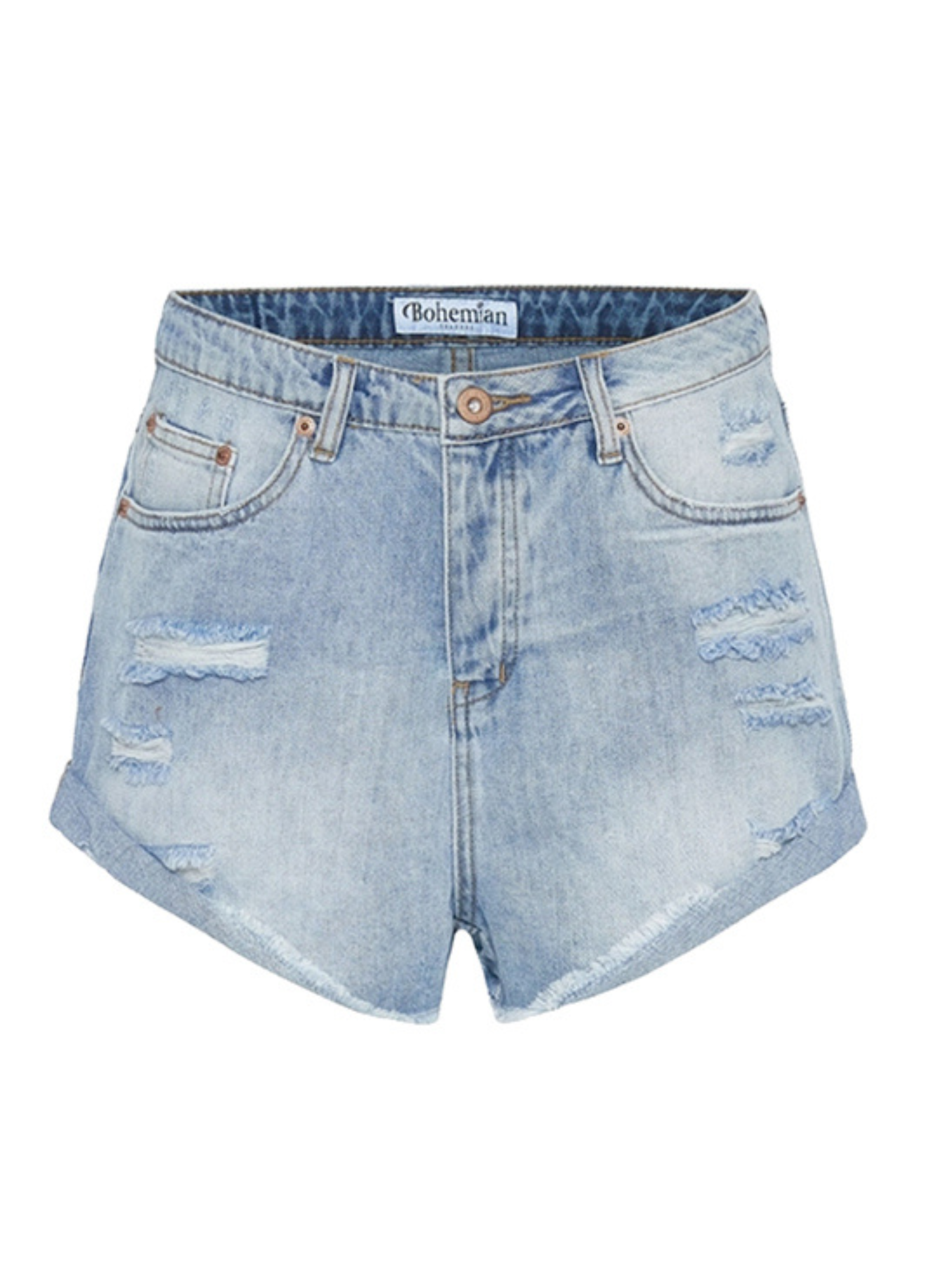 Distressed mid wash short with button closure 