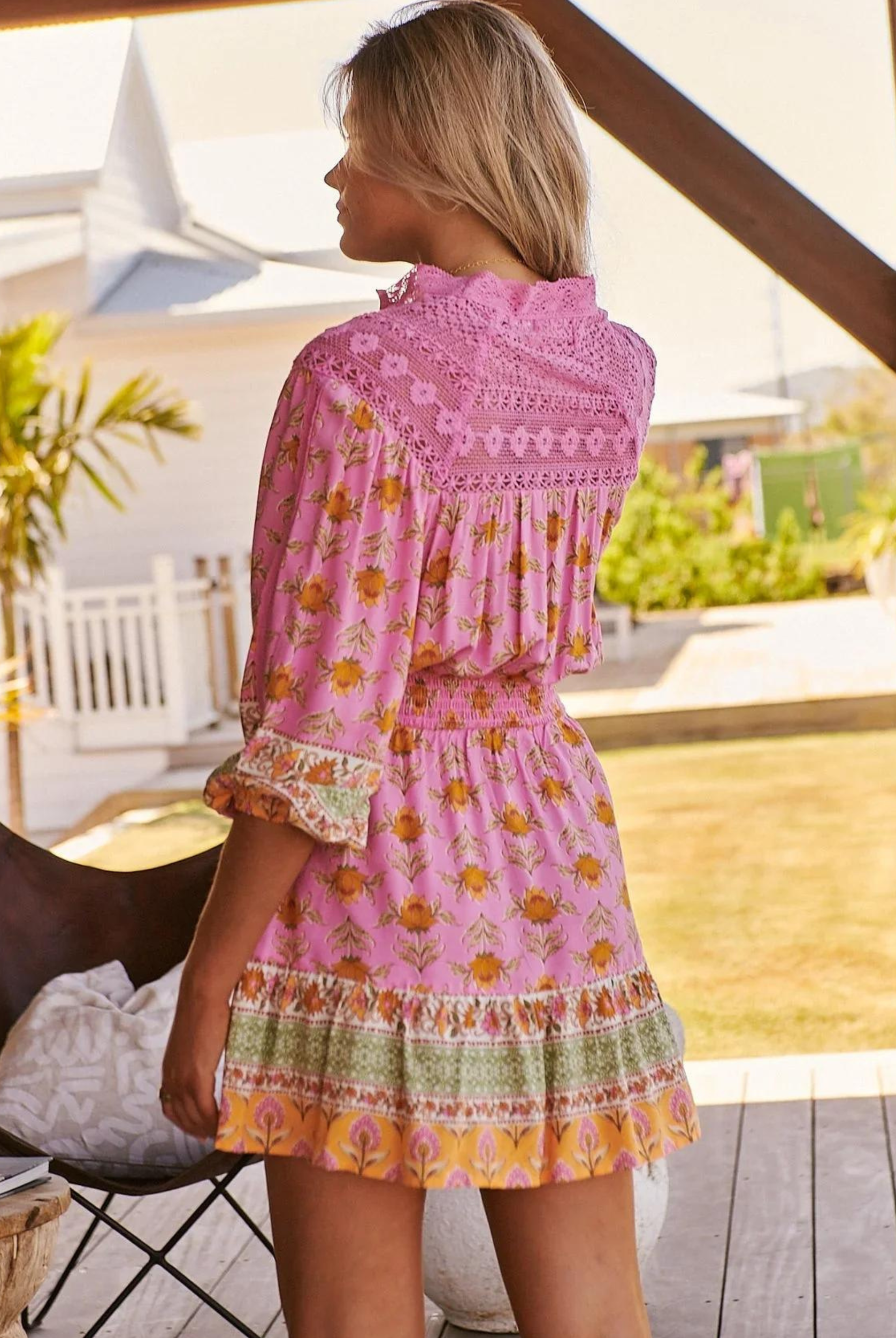 Printed Pink Mini with button front and lace detail from JAASE