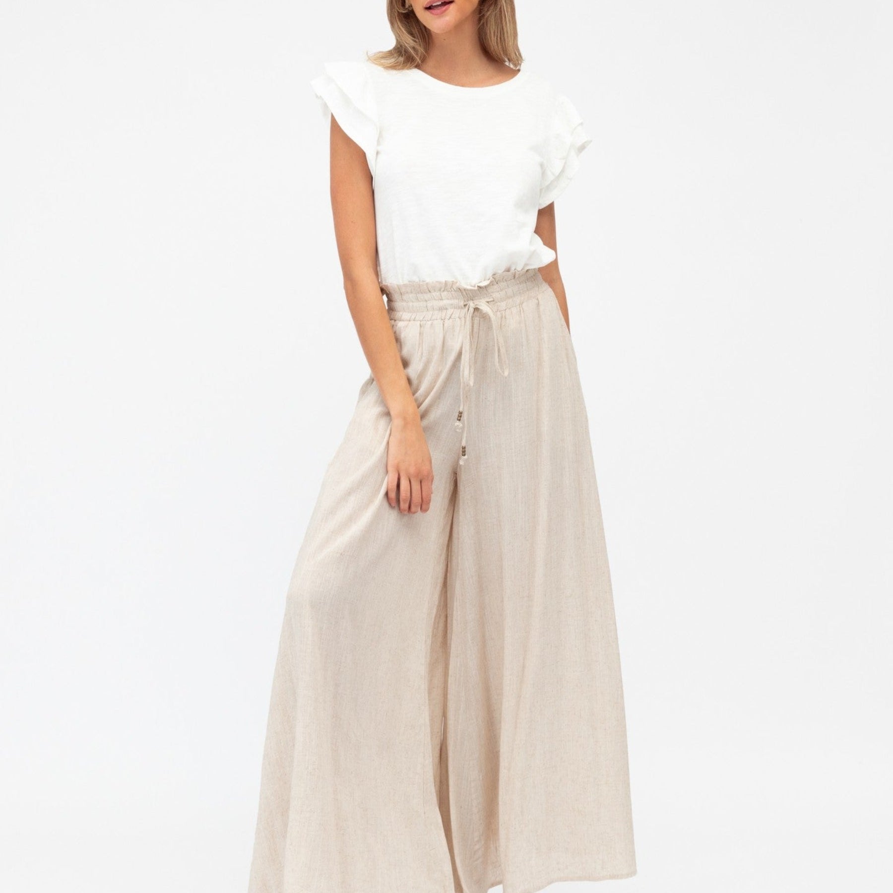Neutral soft pant with elasticated waistband and self ties
