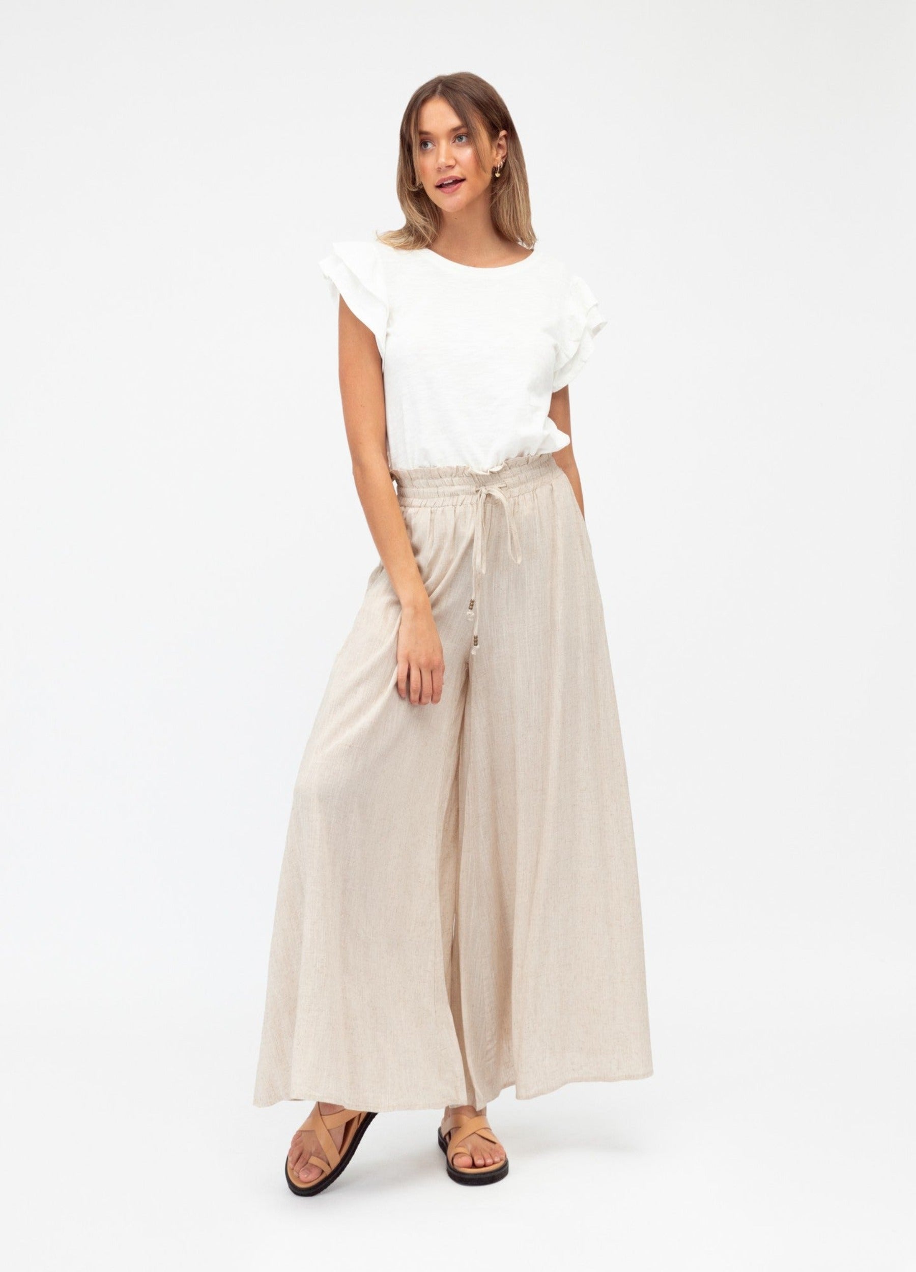 Neutral soft pant with elasticated waistband and self ties