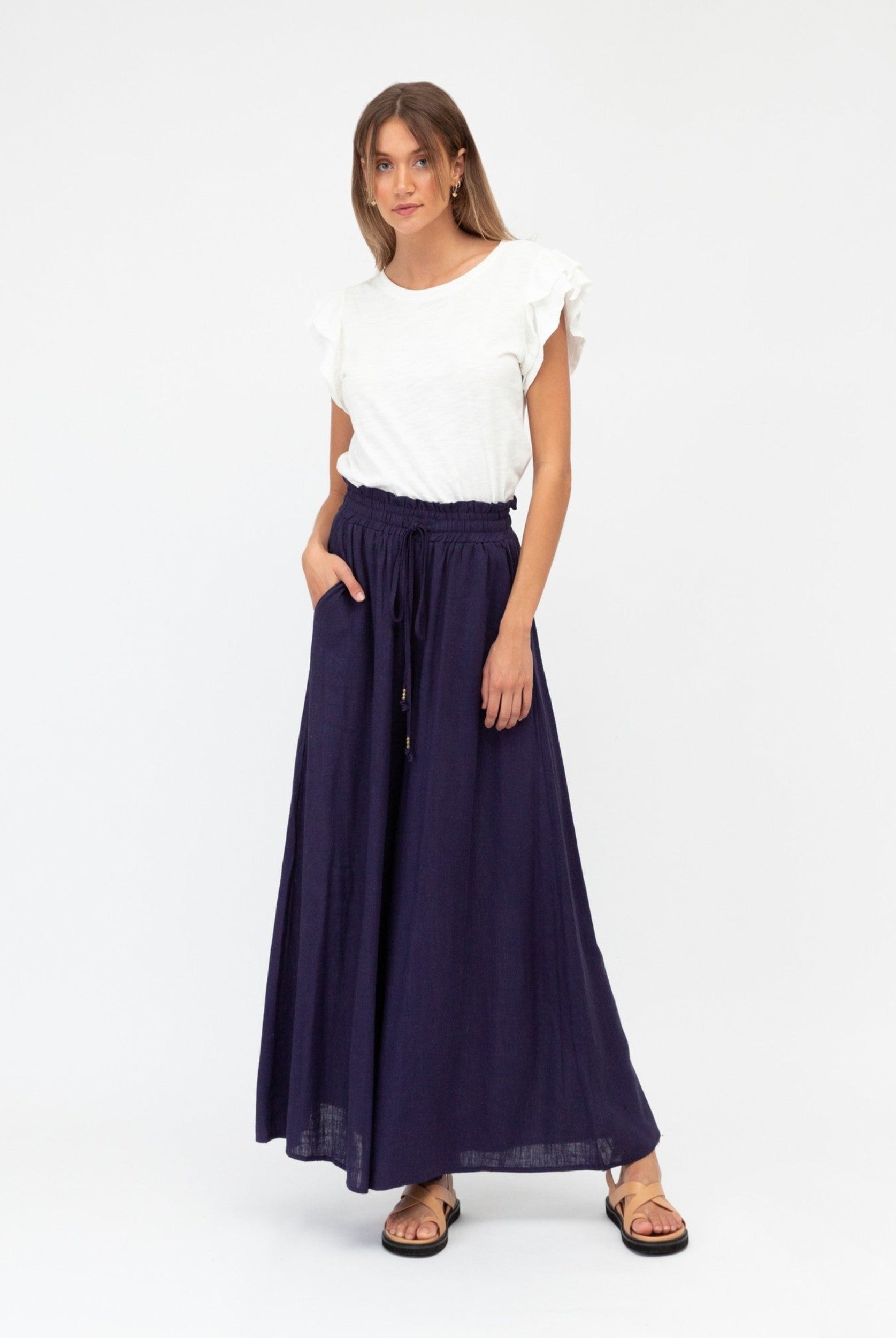 Navy Blue wide leg pant with elasticated waistband