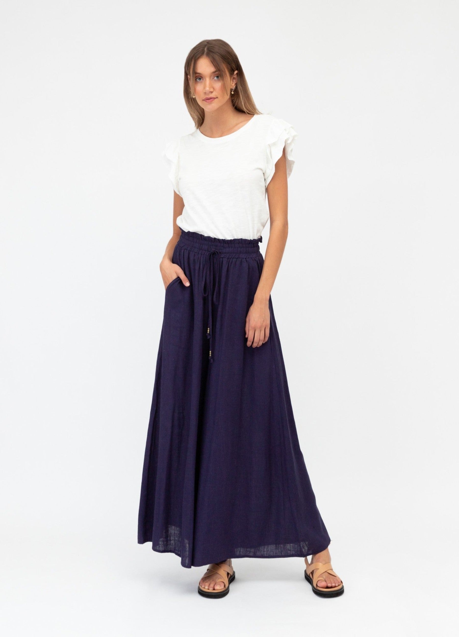 Navy Blue wide leg pant with elasticated waistband