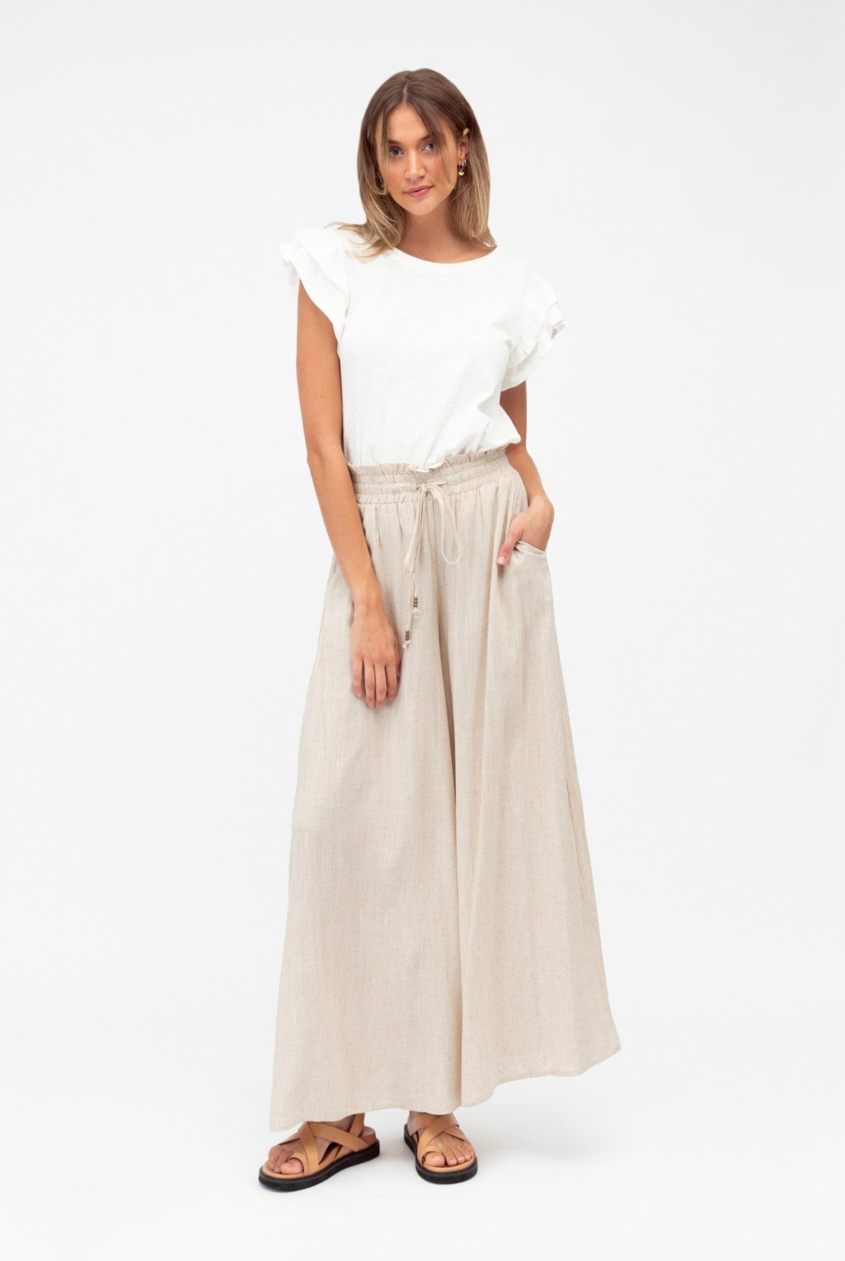 Neutral soft pant with elasticated waistband and self ties