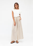 Neutral soft pant with elasticated waistband and self ties